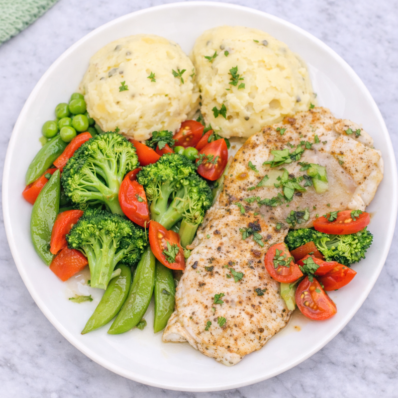 Wild-Caught Alaskan Pollock Plate with Garlic Mash & Veggie Medley