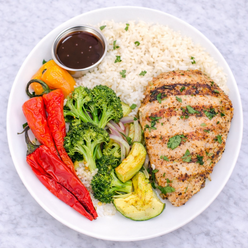 Herb-Grilled Chicken with Savory Rice & Garden Veggies